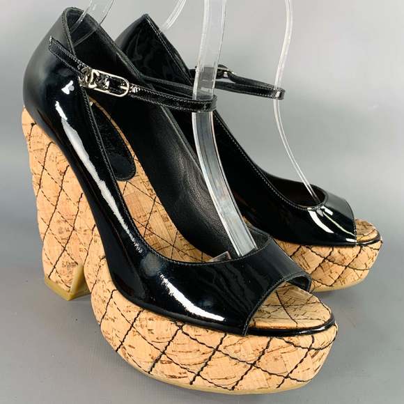 CHANEL Black Natural Patent Leather Quilted Cork Peep Toe Platform Pumps - Picture 1 of 10